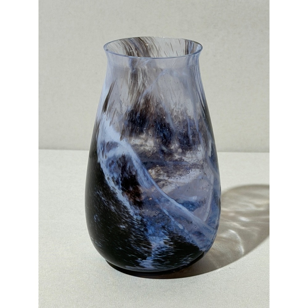 Caithness Scottish  Art Glass Vase Hand Blown Blue Black White Swirl Abstract